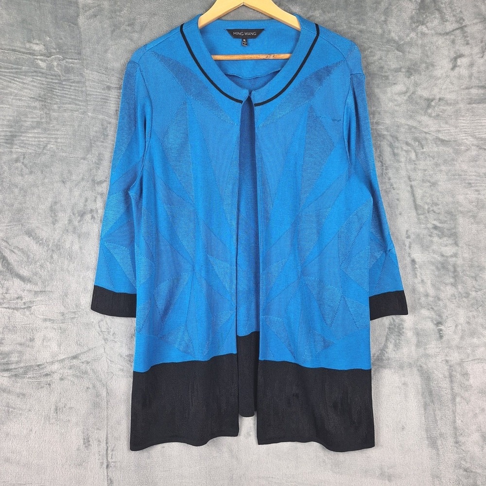 Ming Wang Cardigan Womens XL Blue Knit Open Front Career Old Money Mature Church